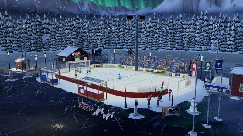 A match on a frozen outdoor rink in a snowy pine forest under a green aurora.