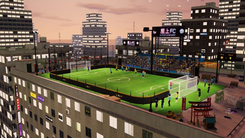 A bright pitch on the roof of a city block at dusk, lit office towers behind it.